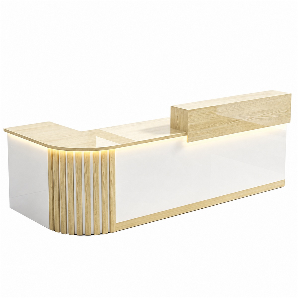Elegant Retail Reception Desk with High-gloss Panel, LED Lighting, Wood Slat Design & Open Storage Shelves for Dessert Shops and Cafes