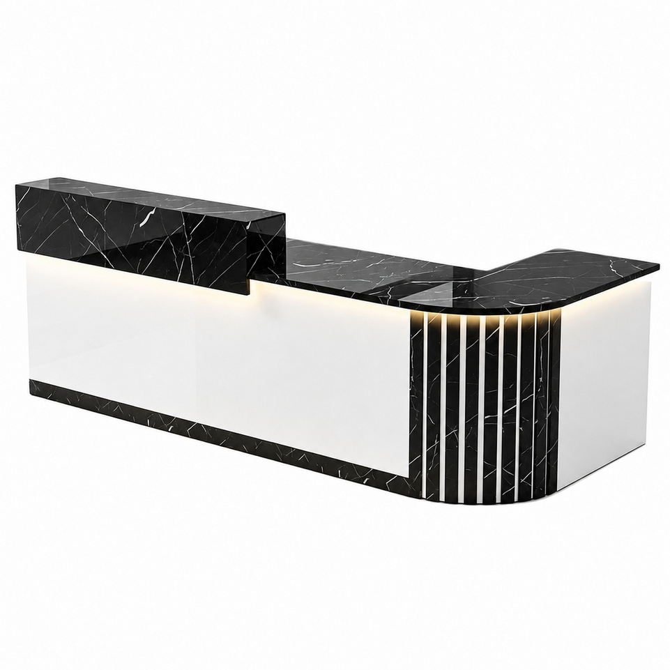 Elegant Retail Reception Desk with High-gloss Panel, LED Lighting, Wood Slat Design & Open Storage Shelves for Dessert Shops and Cafes