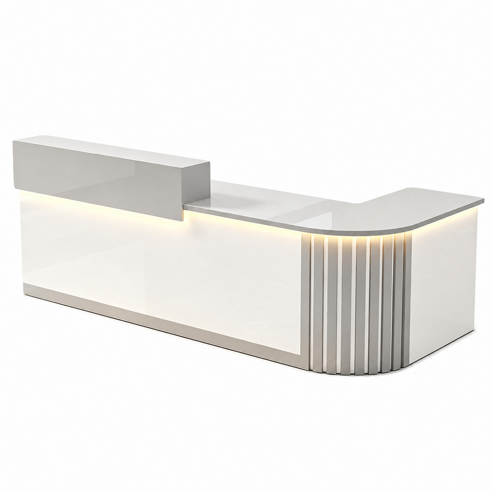 Elegant Retail Reception Desk with High-gloss Panel, LED Lighting, Wood Slat Design & Open Storage Shelves for Dessert Shops and Cafes