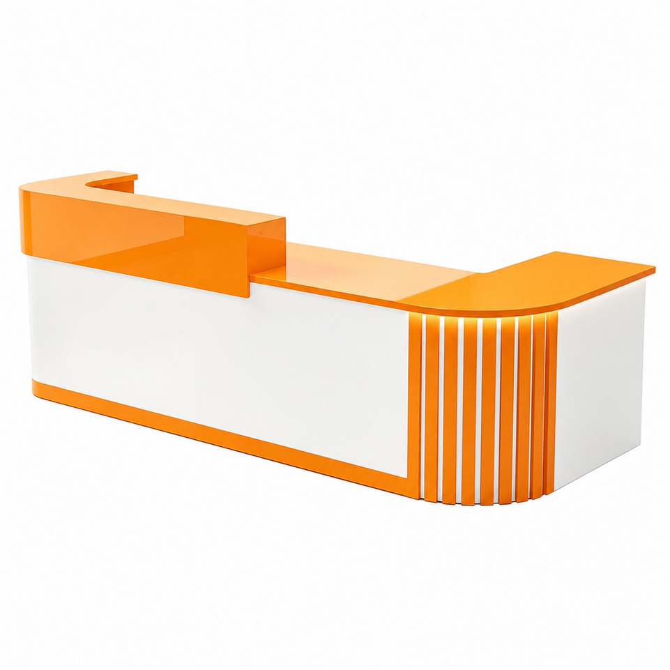 Elegant Retail Reception Desk with High-gloss Panel, LED Lighting, Wood Slat Design & Open Storage Shelves for Dessert Shops and Cafes