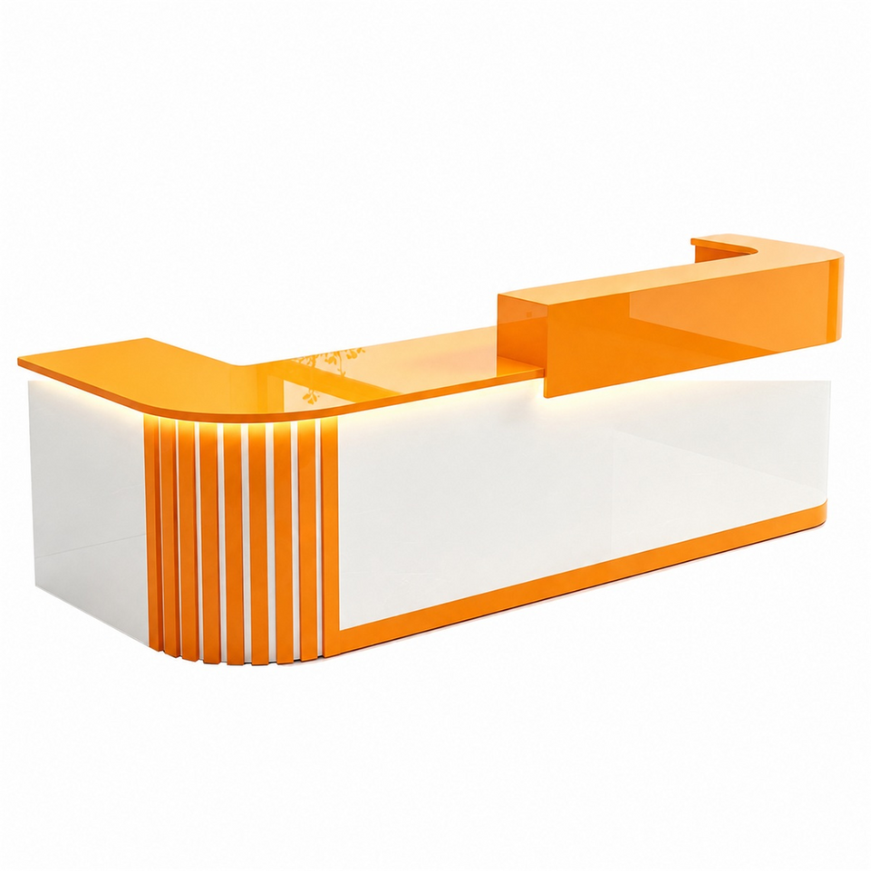 Elegant Retail Reception Desk with High-gloss Panel, LED Lighting, Wood Slat Design & Open Storage Shelves for Dessert Shops and Cafes