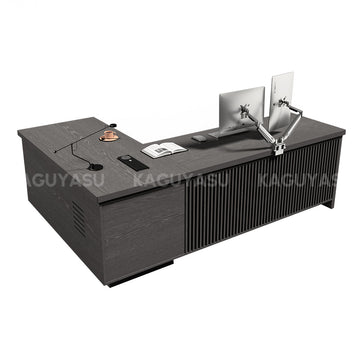 L-Shaped Executive Desk with Built-In Power, Side Storage & Slatted Modesty Panel