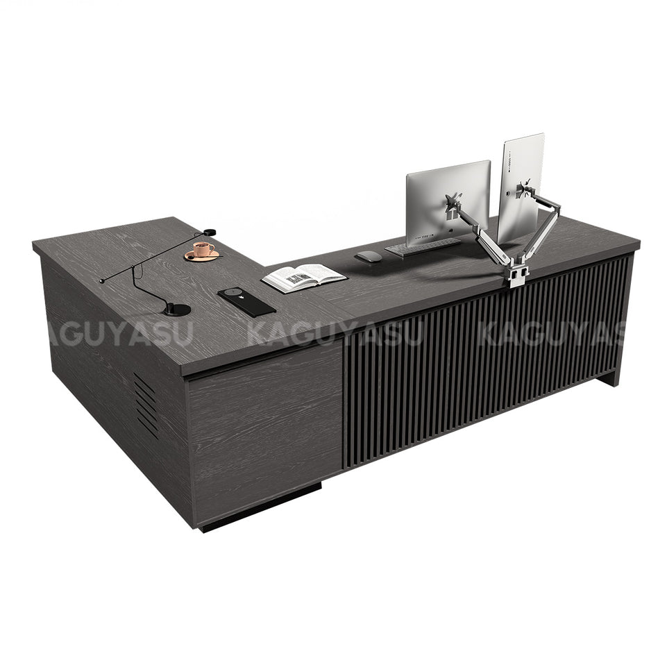 L-Shaped Executive Desk with Built-In Power, Side Storage & Slatted Modesty Panel