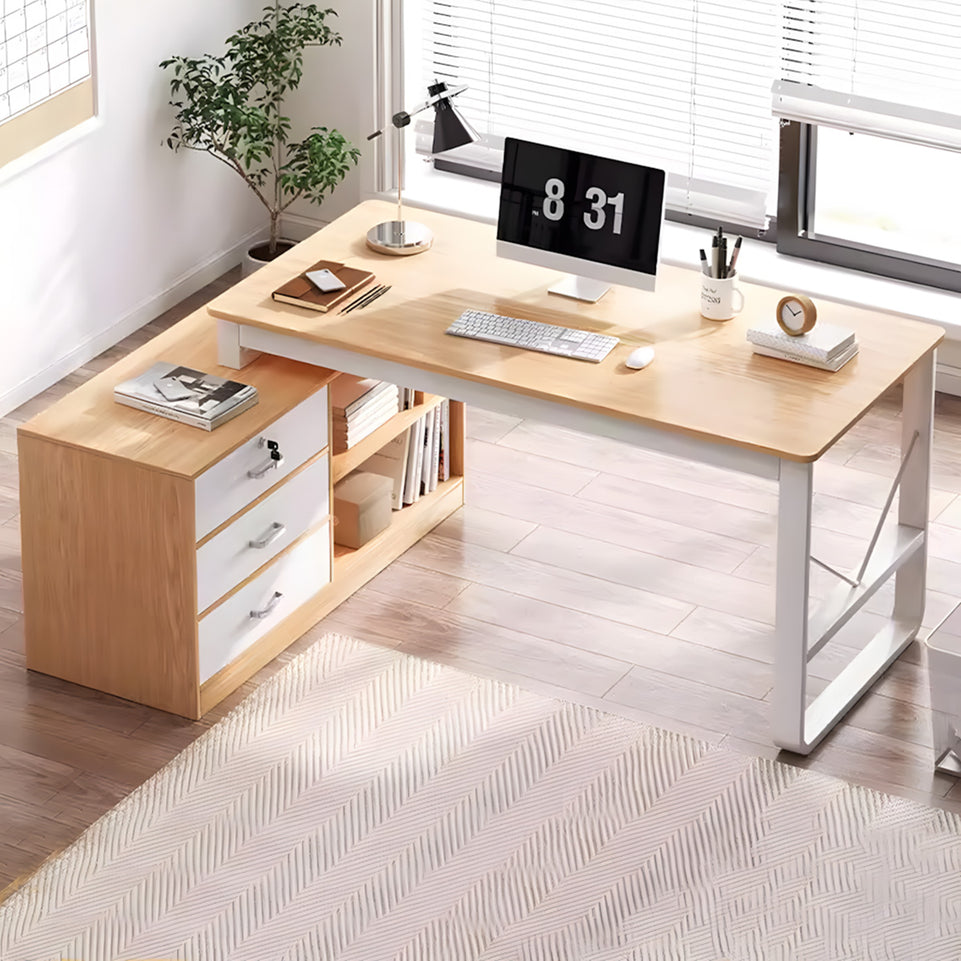L-Shaped Office Desk with Cable Management, Lockable & File Drawers for Home Office