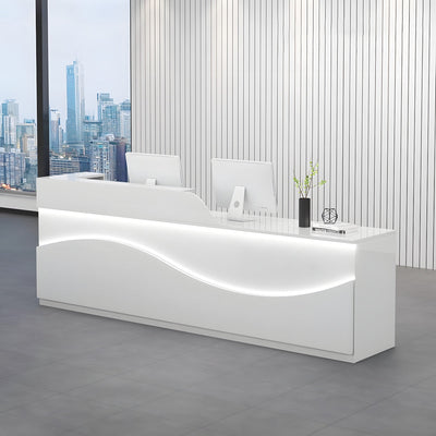 Modern Curved Reception Desk 63 in Wide with LED Accent Lighting, Lockable Drawers, Transaction Counter & Steel Frame（In Stock）