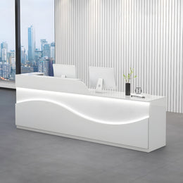 Modern Curved Reception Desk 63 in Wide with LED Accent Lighting, Lockable Drawers, Transaction Counter & Steel Frame（In Stock）